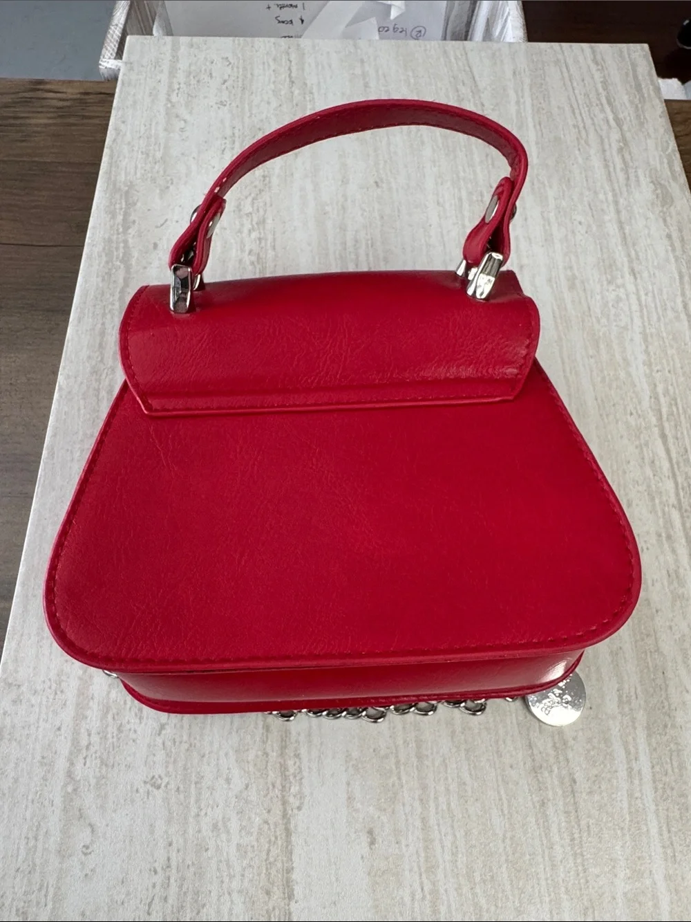 Red Leather Top-Handle Crossbody Bag with Silver Chain